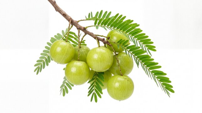 Fresh organic Indian gooseberry amla fruits hanging from a leafy branch isolated on white background