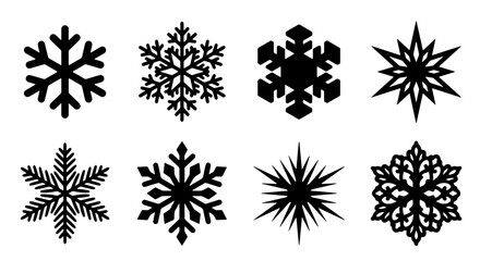 Obraz premium 70 Set of 8 Black Snowflake Icons, Winter Holiday Vector Graphics, Cold Weather Christmas Decorative Elements, Festive Seasonal Design Assets 100
