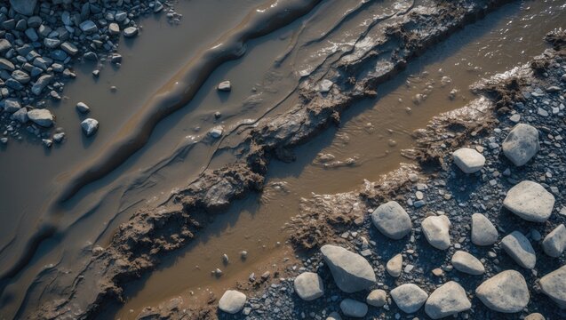 Round stones and pebbles in a muddy puddle, viewed from above. Texture of wet earth and stones.