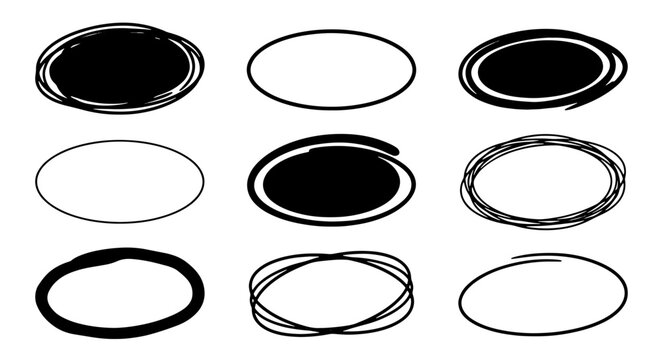 70 Hand-Drawn Oval Shapes, Black and White Scribble Circles, Doodle Frames for Design Elements, Vector Illustration Set 100