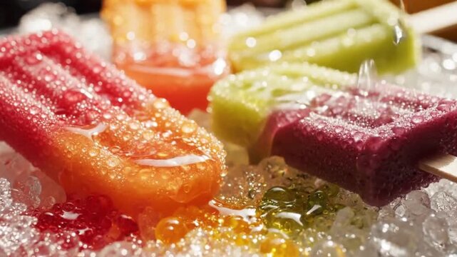 Colorful popsicles melting on ice cubes on a table