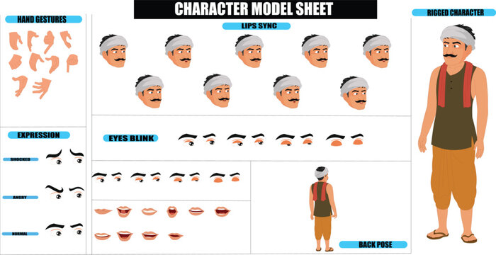 Indian Village Laborer Farmer Sprite Sheet | Rigged 2D Character with Lip Sync, Walk Cycle, Eye Blink, Eyebrow Expressions, and Hand Sync | Ready-to-Use for Animation