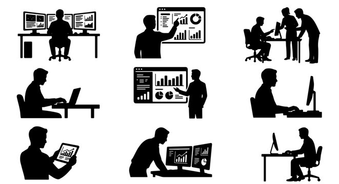 70 Business Meeting Silhouettes, Data Analysis Icons, Teamwork Graphics, Office Work Vector Set 100