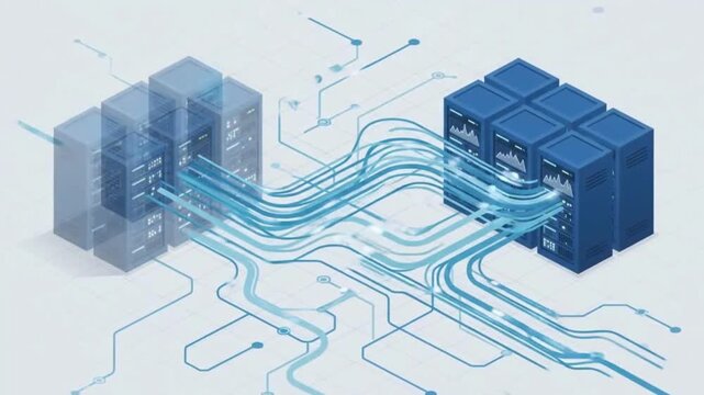 Isometric Cloud Computing Concept, Data Server Transmission, Centralized Network Connection, Database Storage Visualization, Digital Information Flow