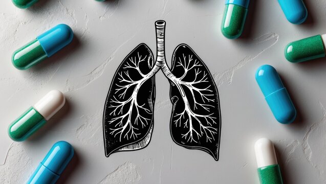 World TB Day concept featuring lungs paper and medicine pills on gray background, aiming to raise awareness about lungs health, tuberculosis prevention, and global respiratory healthcare.
