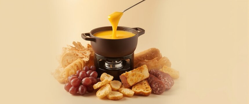 Cheese Fondue with Assorted Bread and Grapes - Gourmet Spread, Soft Lighting
