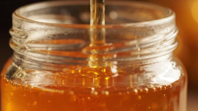 Golden honey pouring into a glass jar on a wooden table indoors