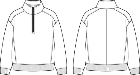 Technical fashion flat sketch of a long sleeve quarter-zip sweatshirt with ribbing details © MdBabul