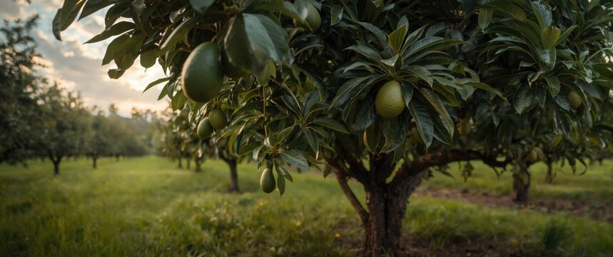 Avocado Tree with Unripe Fruit in a Lush Orchard at Sunset