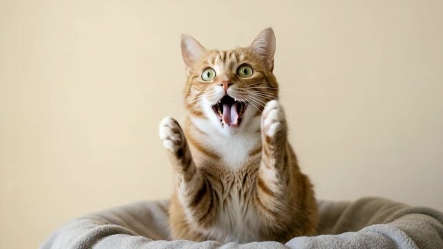 An orange tabby cat sits inside a gray pet bed and meows with its mouth open wide.