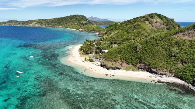 Drone view of an island beach and mountains, Manta Ray Island, Fiji
