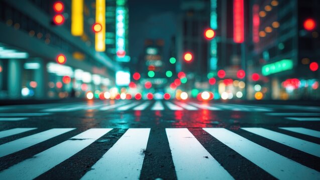 Pedestrian crossing with directional arrows at night, pedestrian marking on wet pavement, red traffic light signal, and crossing opposite a business building.