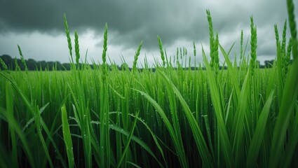 Fototapeta premium Freshly planted rice trees are subjected to morning dew water.