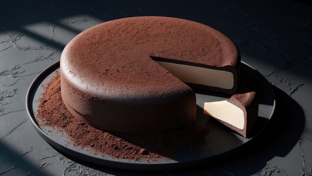 Overhead view of a sliced chocolate tort on a dark background