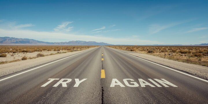 Desert Highway with Try Again Message Painted on Road Under Clear Blue Sky