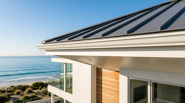 Modern seaside home with angular roof and large glass windows showcasing ocean view and coastal landscape