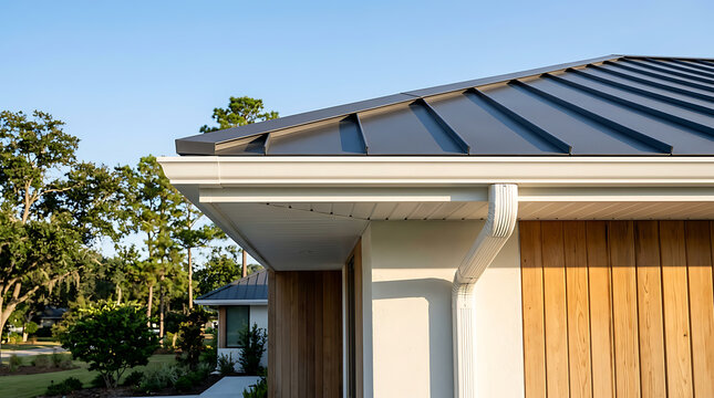 Modern house with sleek metal roof and wooden exterior panels showcasing contemporary architectural design with lush green