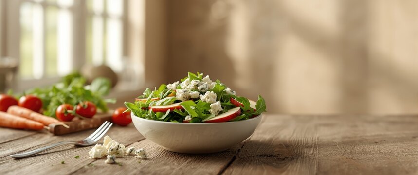 Fresh Salad with Feta Cheese and Apple Slices on a Rustic Wooden Table
