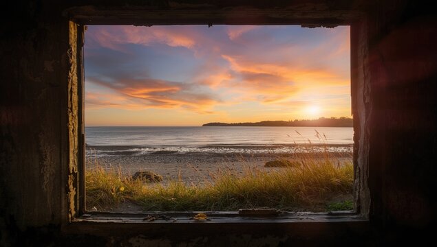 Scenic Ocean Sunset View Through an Abandoned Window Frame