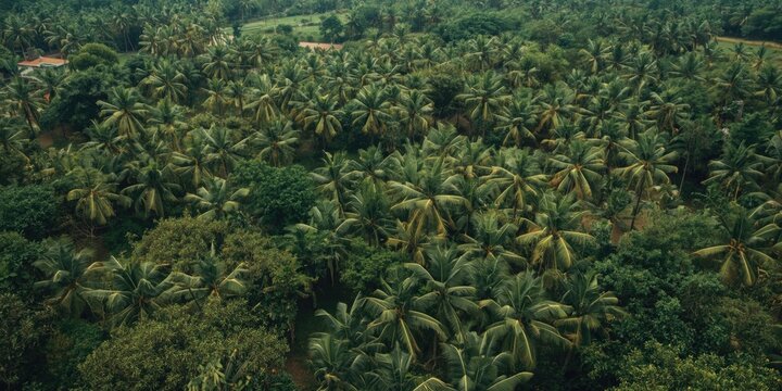 Aerial view of lush green palm tree forest