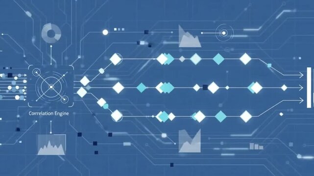 Correlation engine digital blueprint featuring data processing nodes and information flow architecture for artificial intelligence systems and machine learning analytics on blue tech background