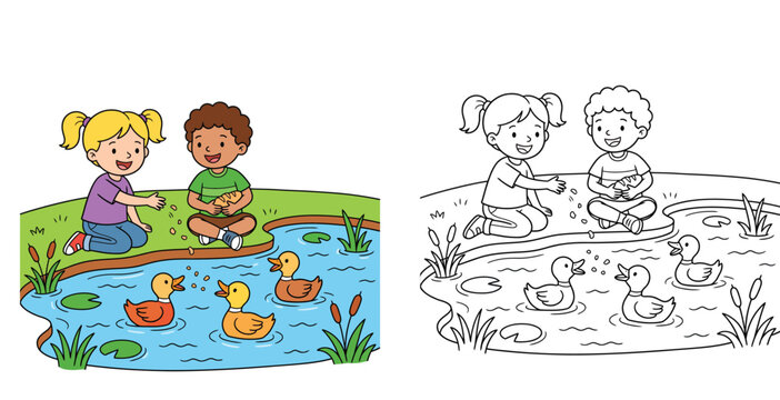 Kids feeding ducks at pond