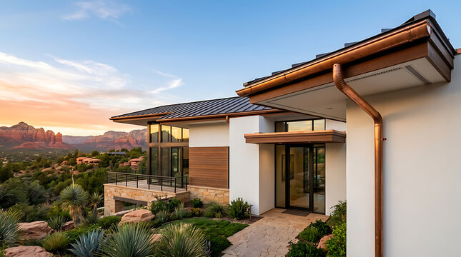 Modern hillside residence with expansive glass windows, sleek design, and scenic desert landscape backdrop capturing