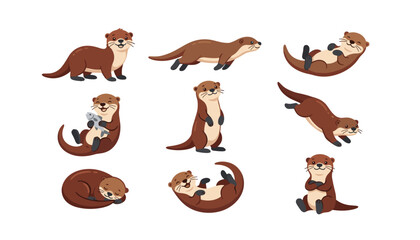 Obraz premium Cute otter cartoon character set swimming sleeping eating fish standing and playing actions collection vector illustration isolated bundle