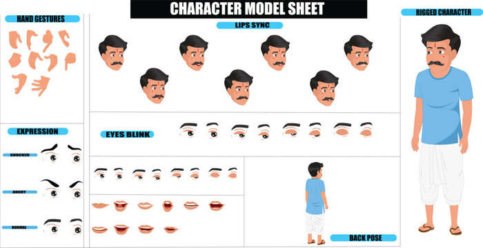 Indian Village Common Man Sprite Sheet | Rigged 2D Character with Lip Sync, Walk Cycle, Eye Blink, Eyebrow Expressions, and Hand Sync | Ready-to-Use for Animation