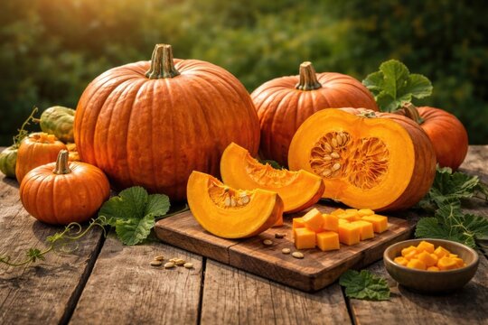 Harvested Pumpkins Sliced on a Wooden Table with Fresh Cut Pieces and Leaves in Warm Light