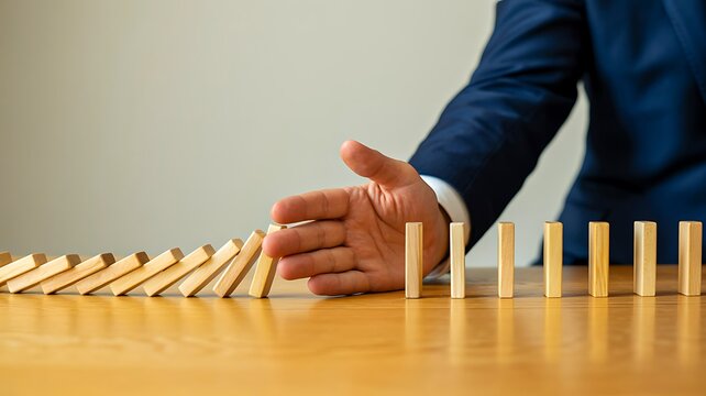 Business risk management concept with hand preventing domino effect and chain reaction