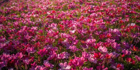 Obraz premium Vibrant Pink Flower Field in Bloom - Close-Up, Soft Lighting, Lush Greenery