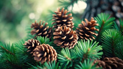 Fototapeta premium Close-up of pine tree branches with coniferous cones and fir-needles in an evergreen Siberian forest