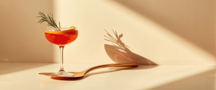 Cocktail Glass with Garnish on Wooden Spoon in Soft Light Shadows