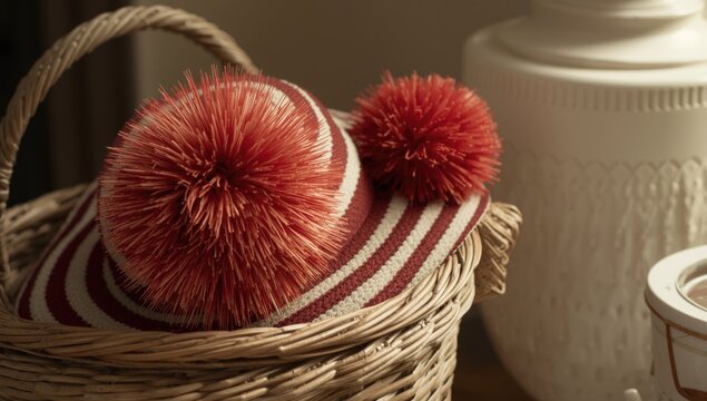 Large red pompom accentuating a striped red and white hat resting in a woven basket near white decor