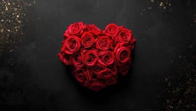 Red Roses Arranged in a Heart Shape on Dark Background with Golden Bokeh