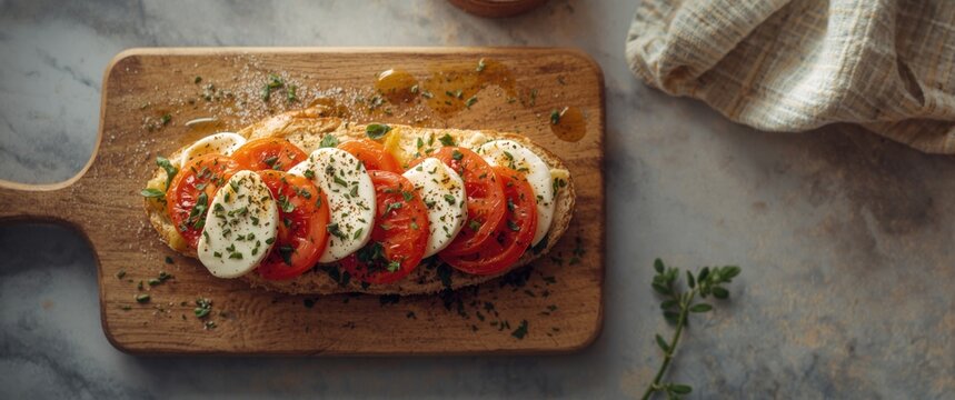Caprese Salad with Fresh Tomatoes and Mozzarella on a Wooden Cutting Board