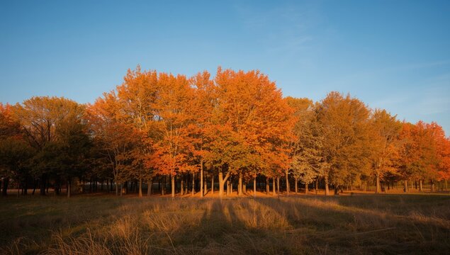 Luminous autumn trees casting shadows in sunset light