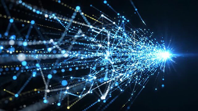 Abstract digital data flow with glowing blue particles and lines connecting in a network, representing big data and technology