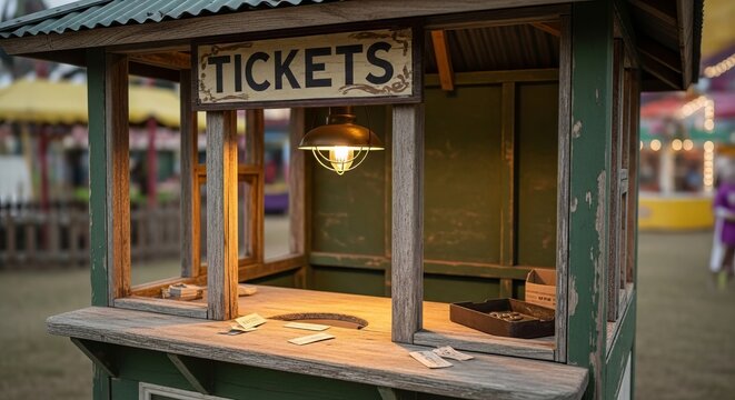 Vintage wooden ticket booth at a carnival or fairground. Empty ticket kiosk with a glowing lamp and tickets on the counter. Event entrance and entertainment concept