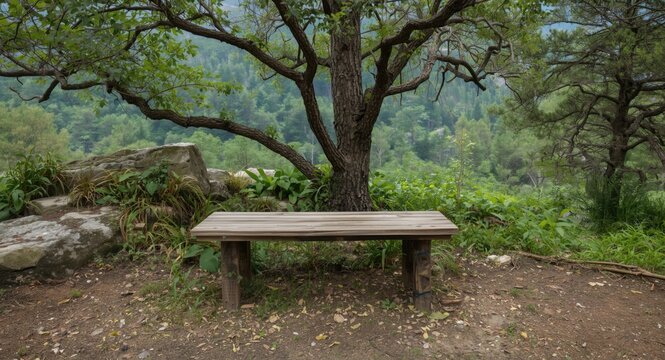 Wooden Bench Under a Tree in a Serene Natural Setting