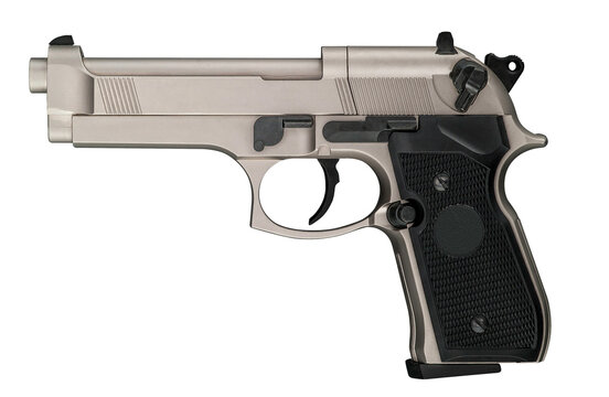 A metallic color handgun with the black handle