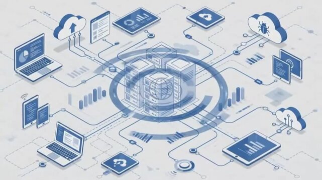 Global data network infrastructure isometric illustration featuring cloud computing servers digital transformation cybersecurity internet technology and connected devices for corporate systems