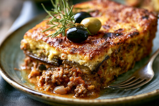 Close up of a plate of authentic hot greek moussaka; traditional food recipe with eggplant; bechamel and beef in Greece