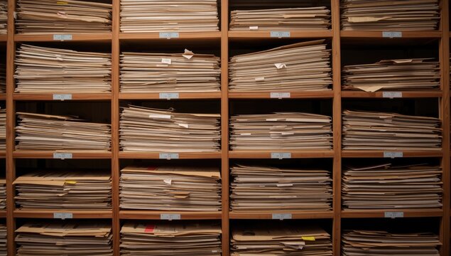 Stacks of organized files on wooden shelves