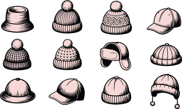 Hand drawn vector collection of winter beanies baseball caps and seasonal headwear icons