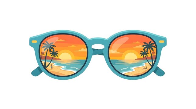 Turquoise sunglasses with tropical beach sunset reflection isolated on white background. Summer vacation and travel vector illustration clipart.