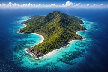 Naklejka premium Lush Tropical Island Aerial View - Turquoise Waters, Vibrant Greenery, Serene Atmosphere