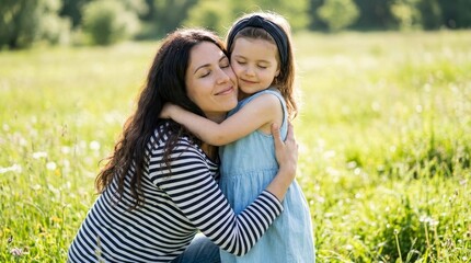 Fototapeta premium Happy Mother and Daughter Hugging in Sunny Green Meadow