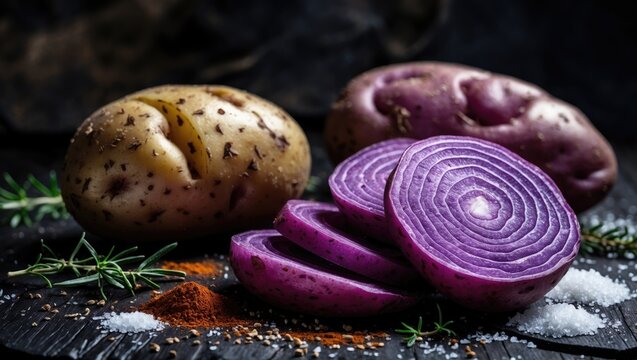 Organic purple sweet potato displayed as raw sweet potatoes or batatas, pomoea batatas, Batata potato; vegan food ingredient on a banner or menu, recipe setting, top view.
